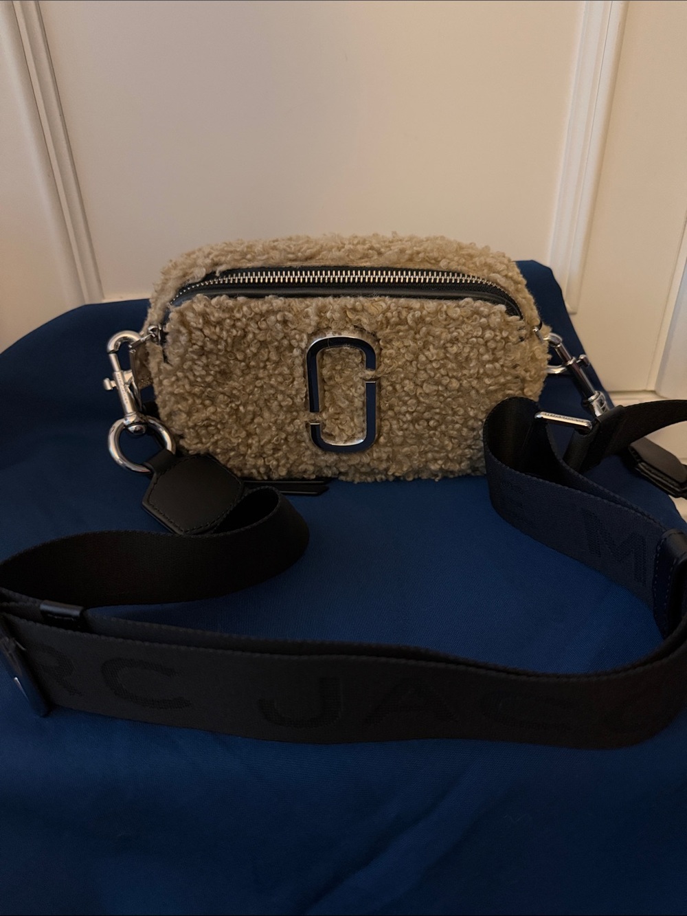 Marc Jacobs Beige Shearling Snapshot Camera Bag with Black Strap